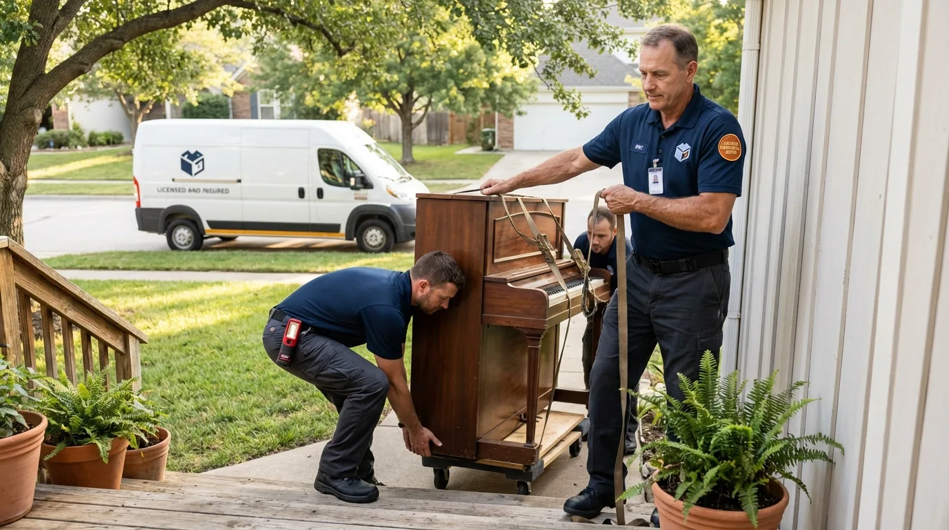 Licensed piano movers securing grand piano in Centre, AL