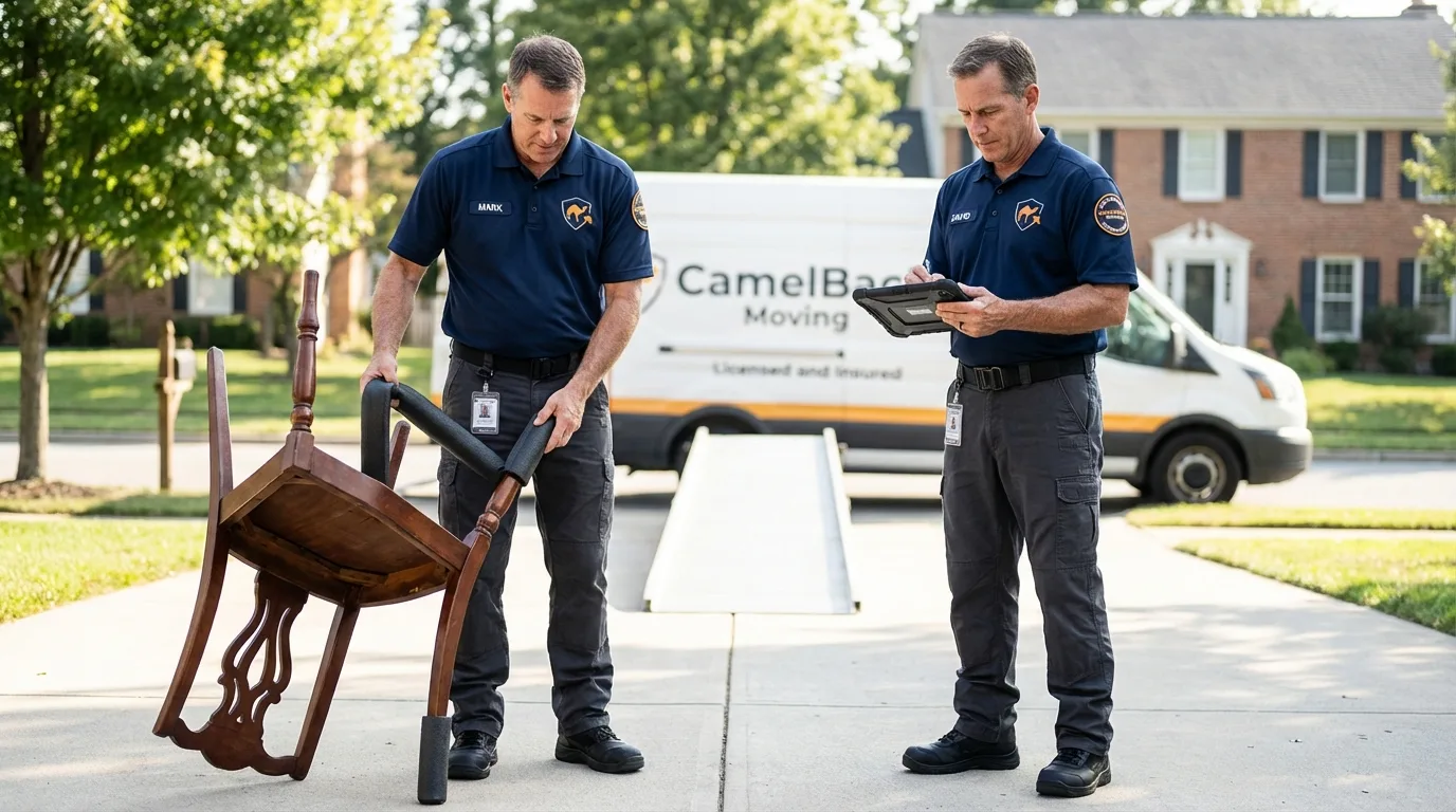 Movers inspecting furniture for damage prevention before loading in Centre, AL